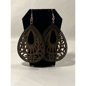 Light Weight Decorative BOHO Brown Wood Style Gold Colored Fish Hook Stud Earrin